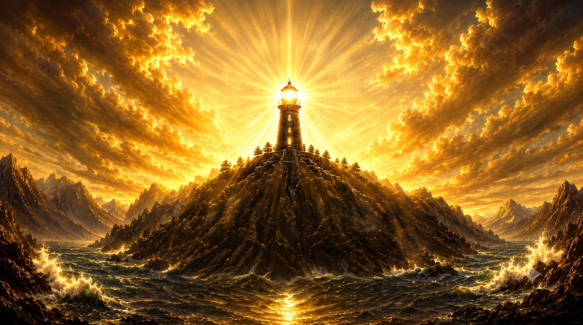A dramatic fantasy seascape artwork showing a glowing lighthouse atop a rocky island, surrounded by dark ocean waves and mountains under a brilliant golden sunset sky with strong sun rays.